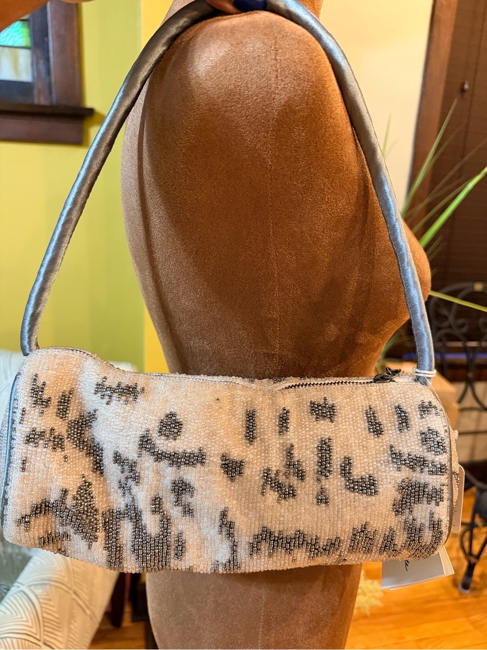 Beaded Ivory and Black Leopard-Print Shoulder Bag
